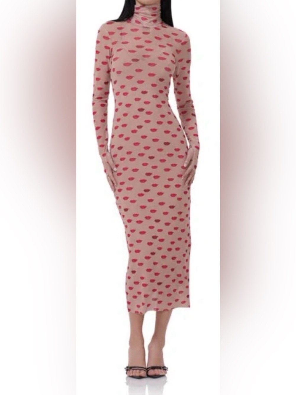 AFRM Pink Maxi Turtleneck Dress with Red Lip Print Size Medium